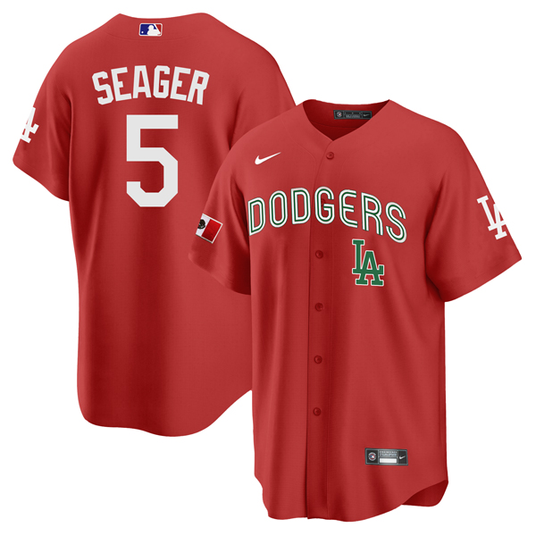 Men's Los Angeles Dodgers #5 Corey Seager 2021 Mexican Heritage Red Flex Base Stitched Baseball Jersey Men's Los Angeles Dodgers #5 Corey Seager 2021 Mexican Heritage Red Flex Base Stitched Baseball Jersey